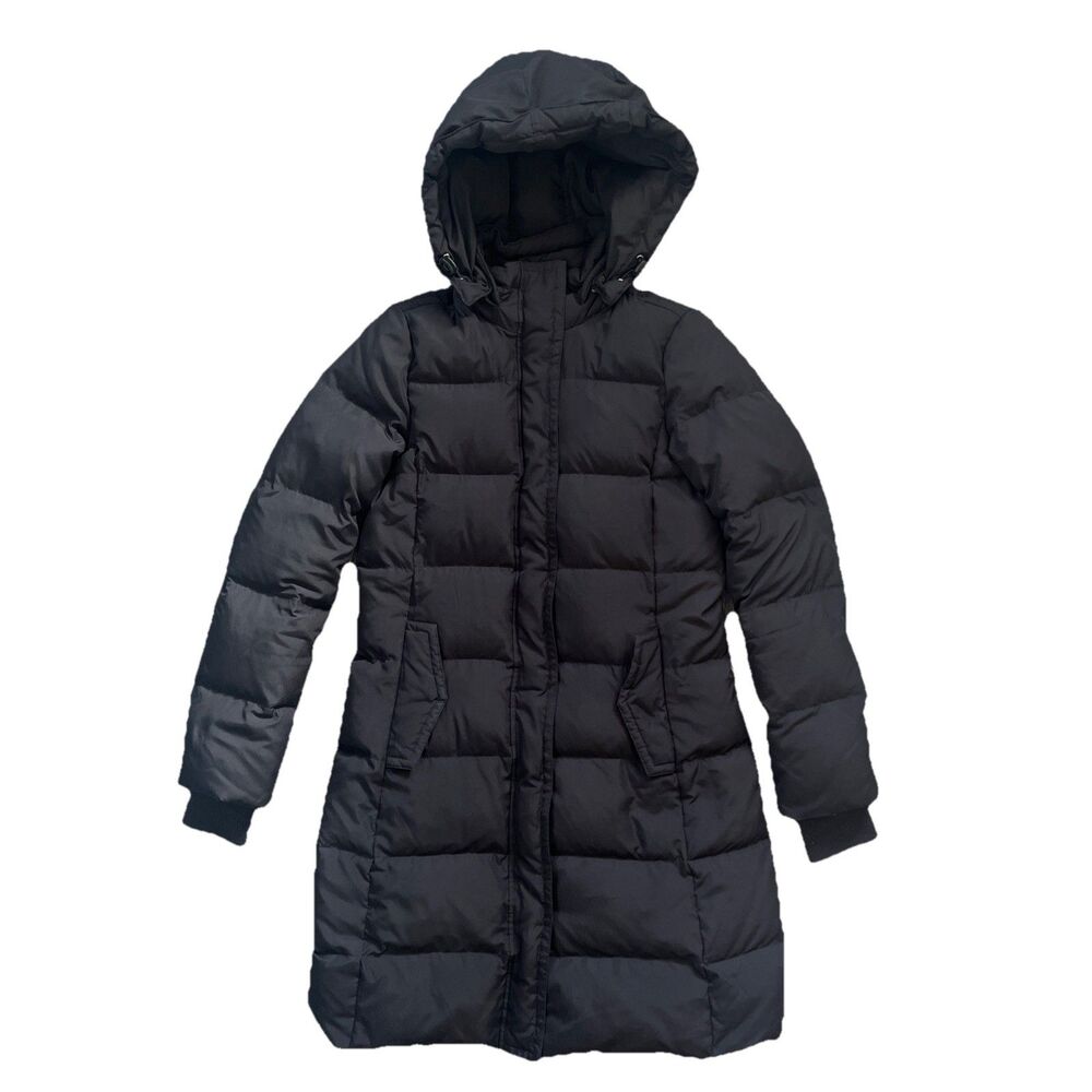J CREW Womens XS Black Goose Down Full Zip Snap Hood Long Puffer Coat NO Belt